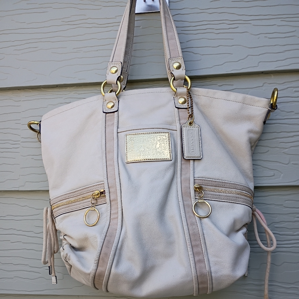 Coach Poppy White Leather Bag Tote 1456 Double Straps Gold Poppy Logo - Picture 1 of 17